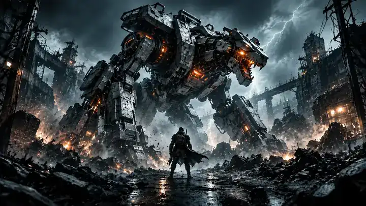 Bold mechanical action scene in a movie-poster style