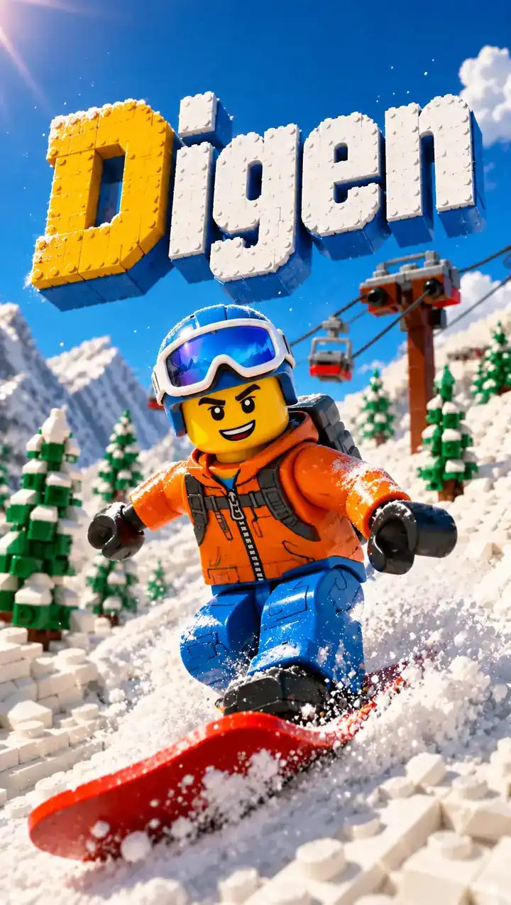 Illustrated skier on a mountain in bright winter colors