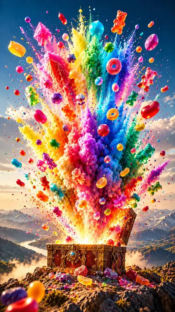 Candy erupting in a colorful pop-art burst