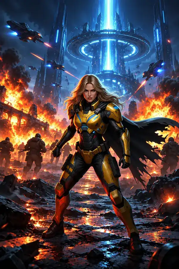 Heroic figure standing before a fiery action scene