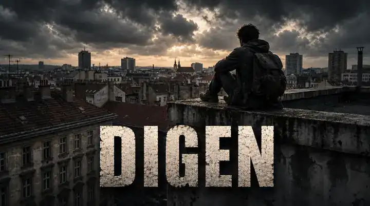 Moody rooftop scene with bold cinematic lettering