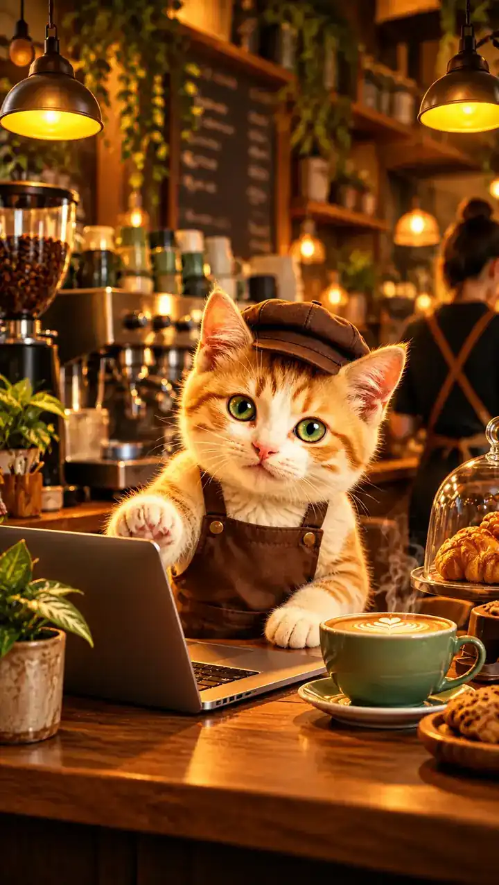 Friendly cat behind a small cafe counter
